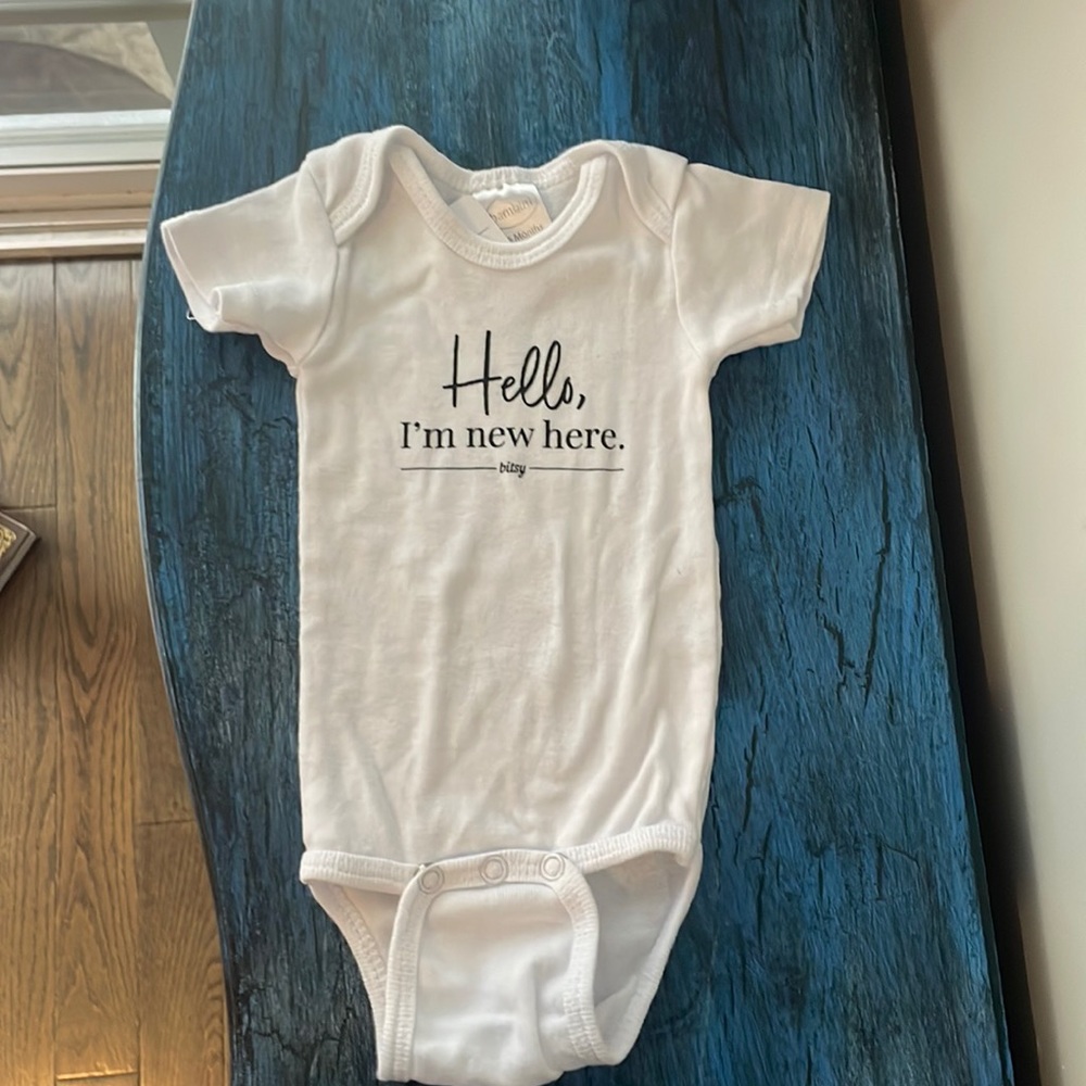 Hello I'm new here onesie white 3-6 months EUC